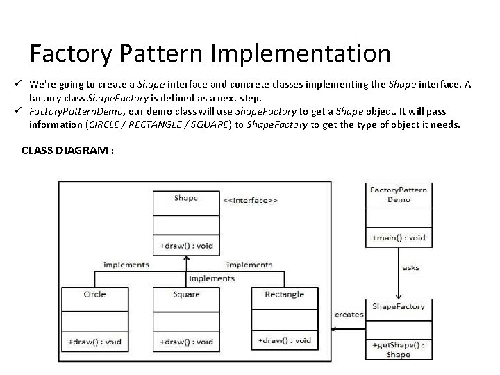 Factory Pattern Implementation ü We're going to create a Shape interface and concrete classes