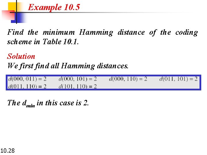 Example 10. 5 Find the minimum Hamming distance of the coding scheme in Table