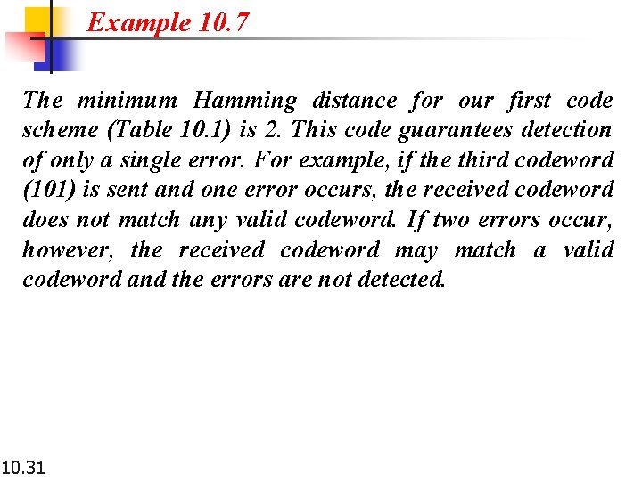 Example 10. 7 The minimum Hamming distance for our first code scheme (Table 10.