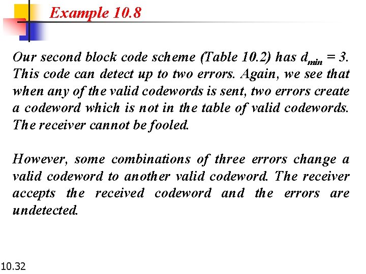 Example 10. 8 Our second block code scheme (Table 10. 2) has dmin =