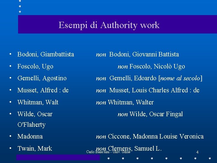 Esempi di Authority work • Bodoni, Giambattista • Foscolo, Ugo non Bodoni, Giovanni Battista