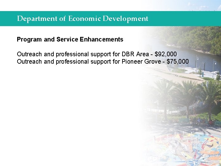 Department of Economic Development Program and Service Enhancements Outreach and professional support for DBR
