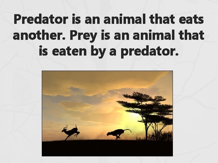 Predator is an animal that eats another. Prey is an animal that is eaten