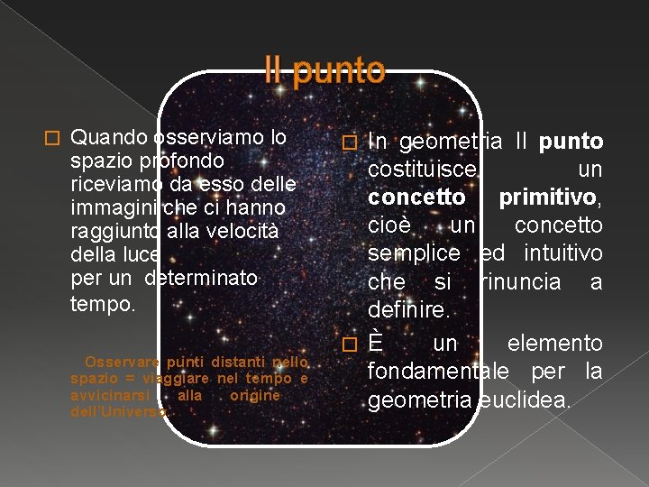 Il punto � Quando osserviamo lo spazio profondo riceviamo da esso delle immagini che Il punto � Quando osserviamo lo spazio profondo riceviamo da esso delle immagini che