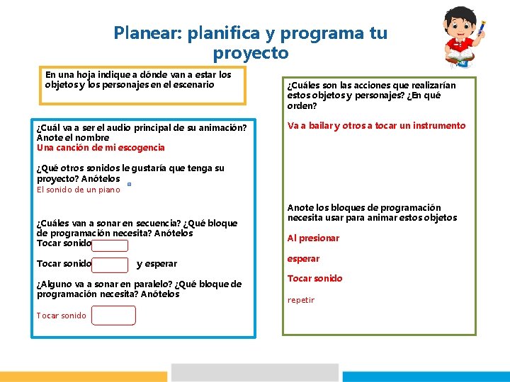 Planear: planifica y programa tu proyecto En una hoja indique a dónde van a