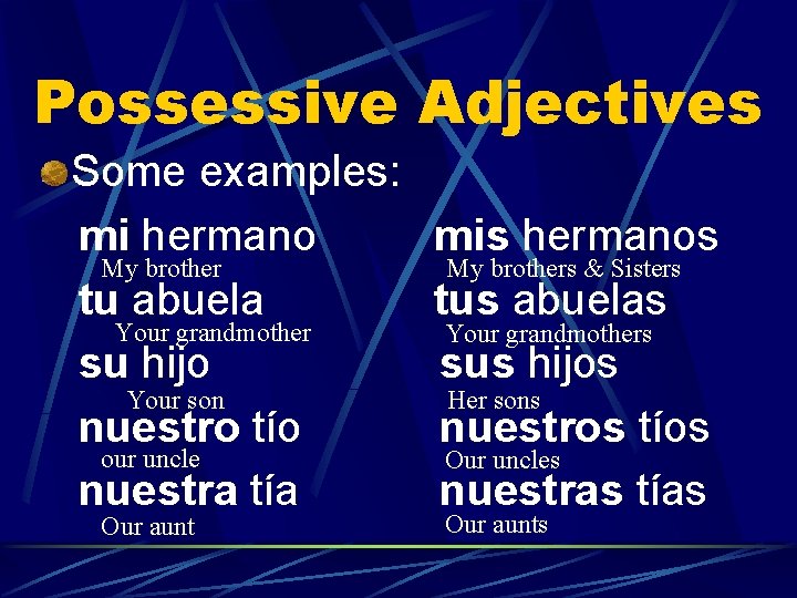 Possessive Adjectives Some examples: mi hermano My brother tu abuela Your grandmother su hijo