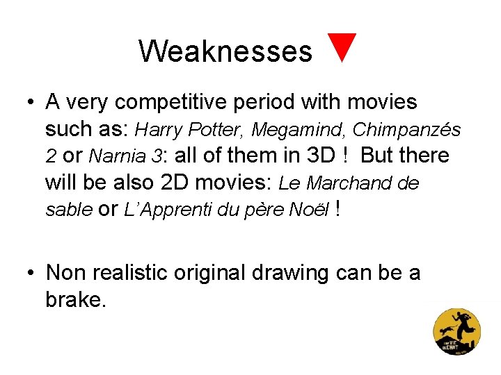 Weaknesses ▼ • A very competitive period with movies such as: Harry Potter, Megamind,