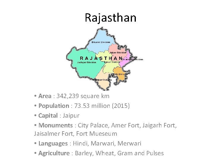 Rajasthan • Area : 342, 239 square km • Population : 73. 53 million