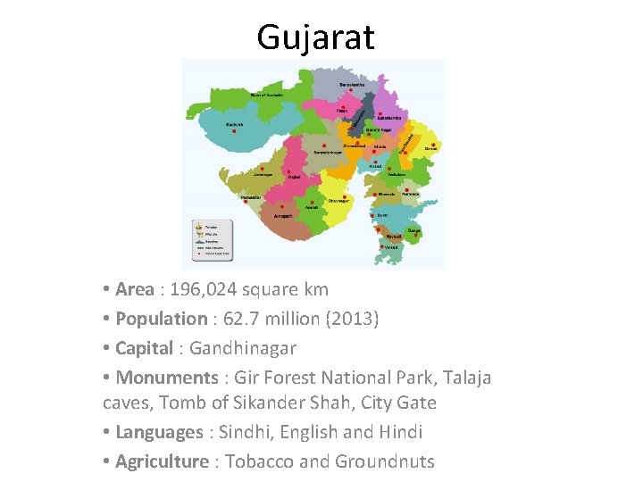 Gujarat • Area : 196, 024 square km • Population : 62. 7 million