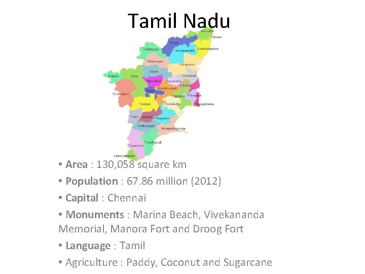 Tamil Nadu • Area : 130, 058 square km • Population : 67. 86