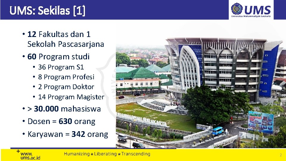 UMS: Sekilas [1] • 12 Fakultas dan 1 Sekolah Pascasarjana • 60 Program studi