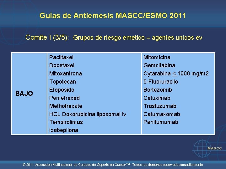 Guias de Antiemesis MASCC/ESMO 2011 Comite I (3/5): Grupos de riesgo emetico – agentes