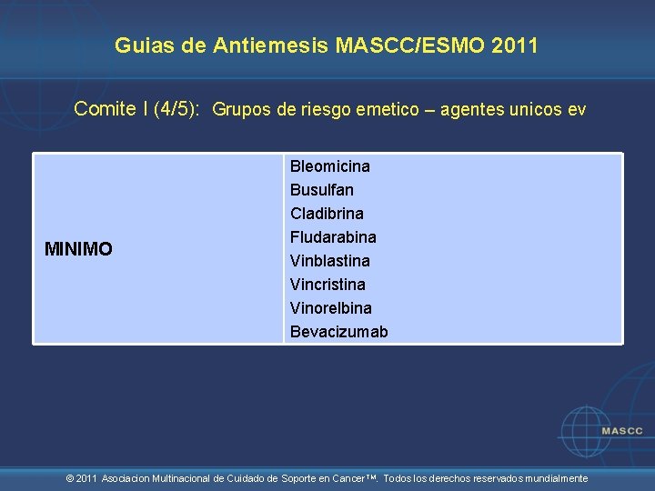 Guias de Antiemesis MASCC/ESMO 2011 Comite I (4/5): Grupos de riesgo emetico – agentes