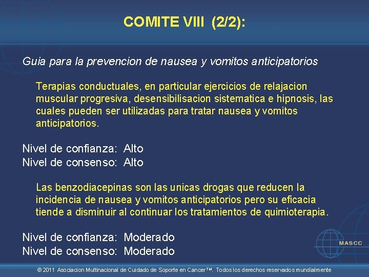 COMITE VIII (2/2): Guia para la prevencion de nausea y vomitos anticipatorios Terapias conductuales,