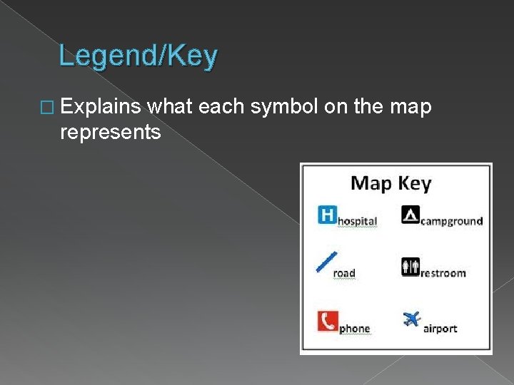 Legend/Key � Explains what each symbol on the map represents 