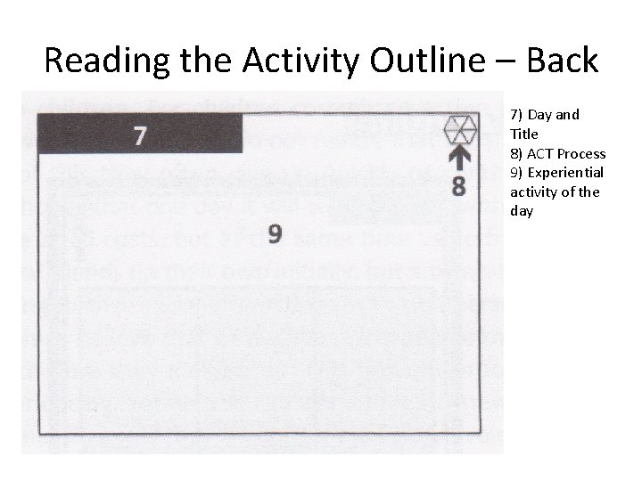 Reading the Activity Outline – Back 7) Day and Title 8) ACT Process 9) Reading the Activity Outline – Back 7) Day and Title 8) ACT Process 9)