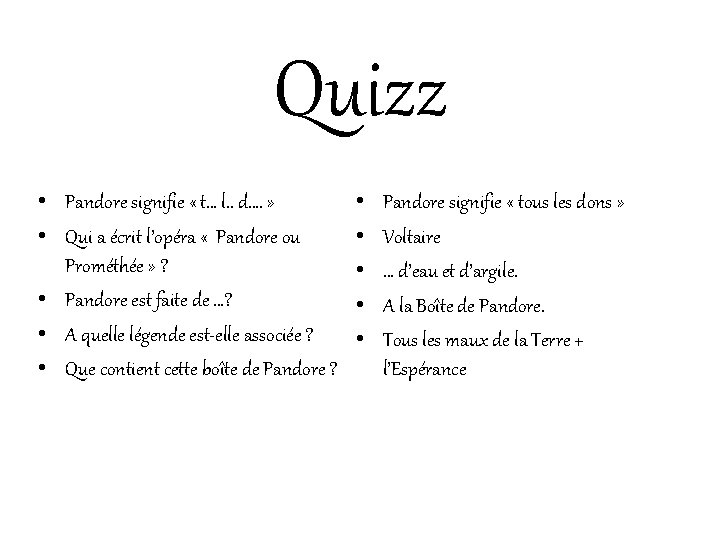 Quizz • Pandore signifie « t… l. . d…. » • Qui a écrit Quizz • Pandore signifie « t… l. . d…. » • Qui a écrit