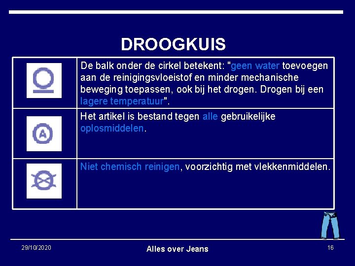 DROOGKUIS De balk onder de cirkel betekent: "geen water toevoegen aan de reinigingsvloeistof en