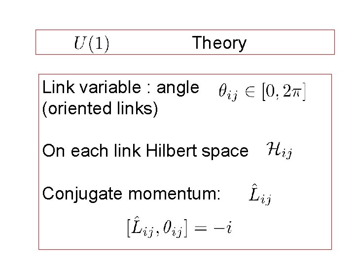 Theory Link variable : angle (oriented links) On each link Hilbert space Conjugate momentum: