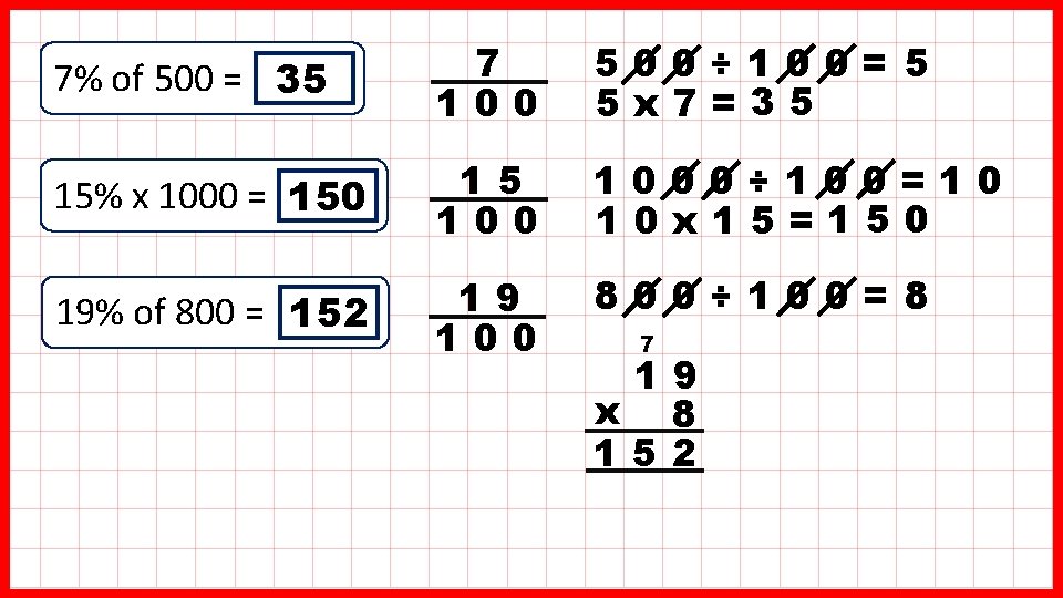 7% of 500 = 35 7 100 500÷ 100=5 5 x 7=35 15% x