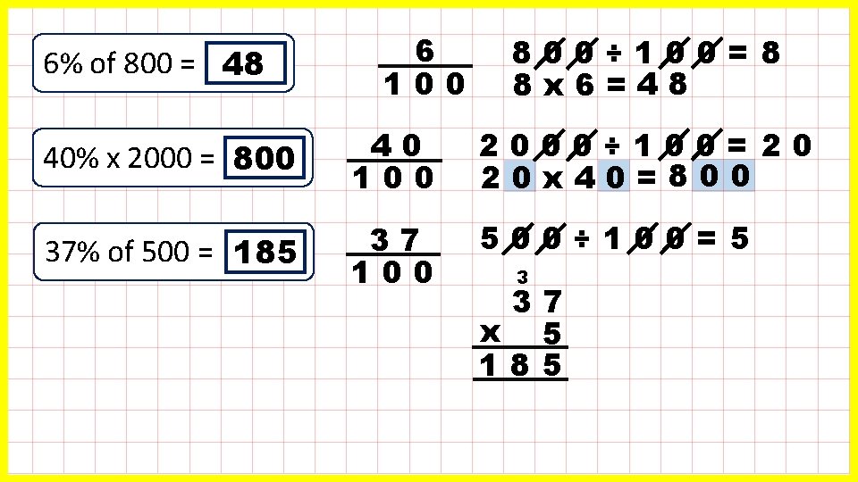 6% of 800 = 48 6 100 800÷ 100=8 8 x 6=48 40% x