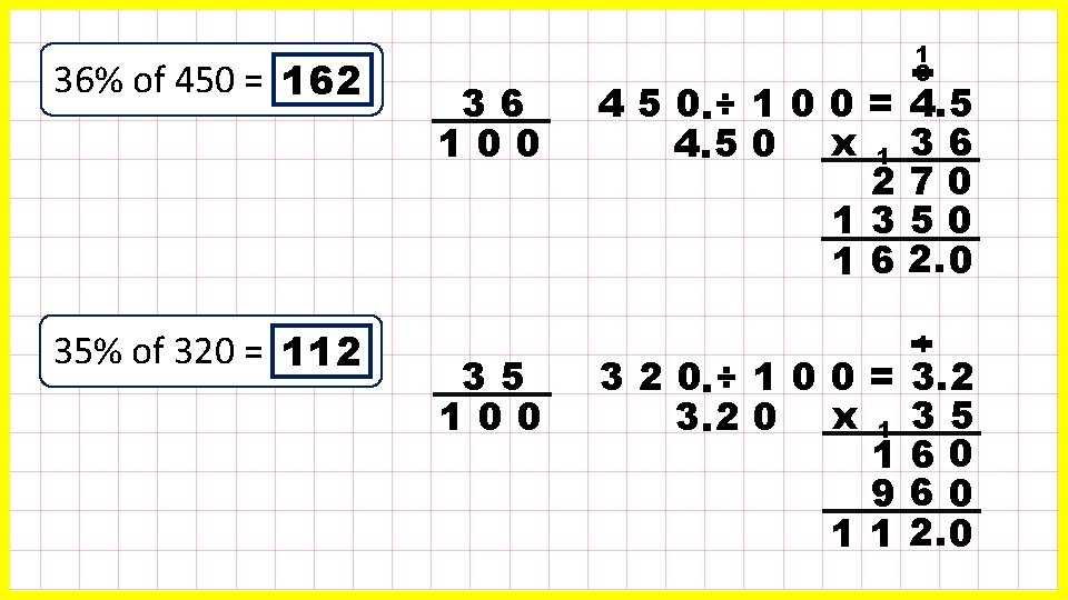 36% of 450 = 162 35% of 320 = 112 36 100 35 100