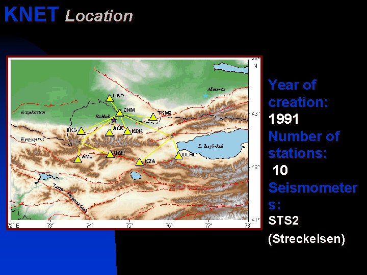 KNET Location Year of creation: 1991 Number of stations: 10 Seismometer s: STS 2