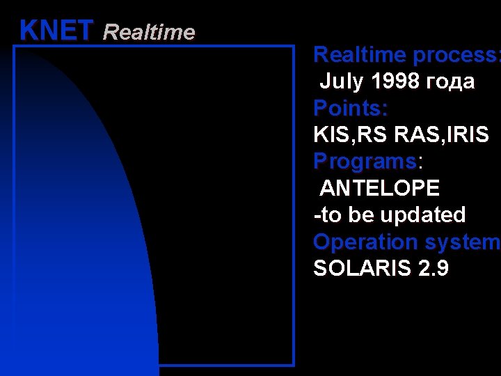 KNET Realtime process: July 1998 года Points: KIS, RS RAS, IRIS Programs: ANTELOPE -to