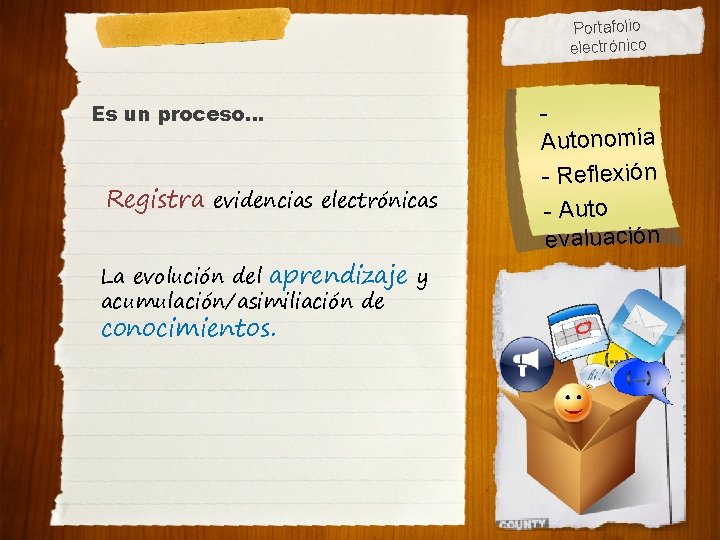 Portafolio electrónico Es un proceso… Registra evidencias electrónicas La evolución del aprendizaje y acumulación/asimiliación