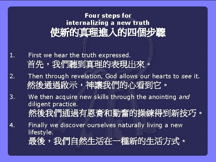 Four steps for internalizing a new truth 使新的真理進入的四個步驟 1. First we hear the truth