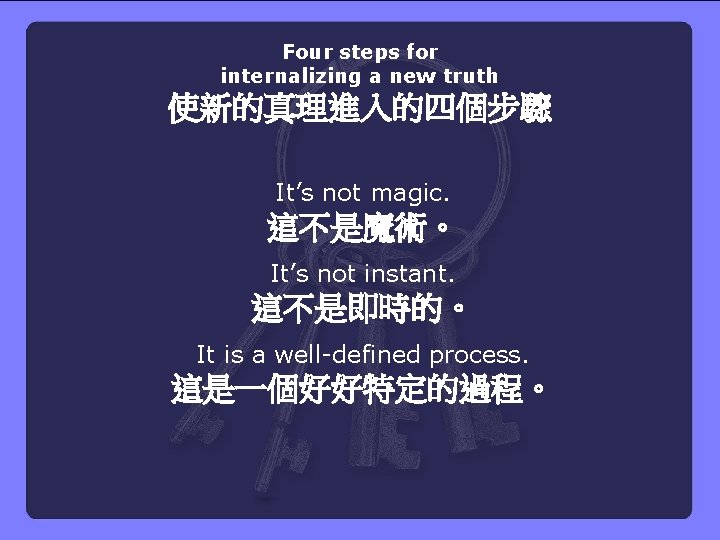 Four steps for internalizing a new truth 使新的真理進入的四個步驟 It’s not magic. 這不是魔術。 It’s not