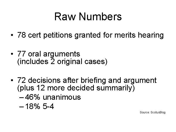 Raw Numbers • 78 cert petitions granted for merits hearing • 77 oral arguments
