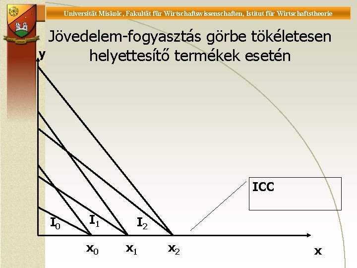 Universität Miskolc, Fakultät für Wirtschaftswissenschaften, Istitut für Wirtschaftstheorie Jövedelem-fogyasztás görbe tökéletesen y helyettesítő termékek