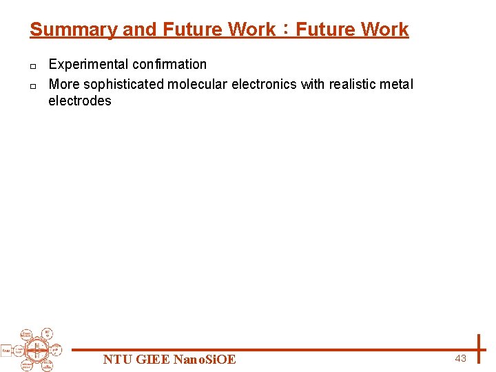 Summary and Future Work：Future Work Experimental confirmation □ More sophisticated molecular electronics with realistic