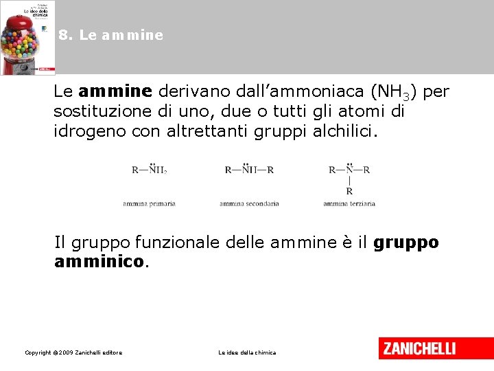 8. Le ammine derivano dall’ammoniaca (NH 3) per sostituzione di uno, due o tutti 8. Le ammine derivano dall’ammoniaca (NH 3) per sostituzione di uno, due o tutti