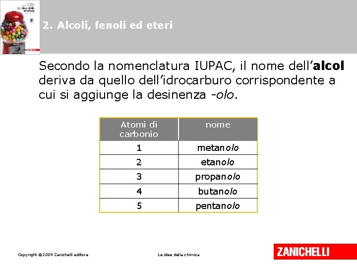 2. Alcoli, fenoli ed eteri Secondo la nomenclatura IUPAC, il nome dell’alcol deriva da 2. Alcoli, fenoli ed eteri Secondo la nomenclatura IUPAC, il nome dell’alcol deriva da