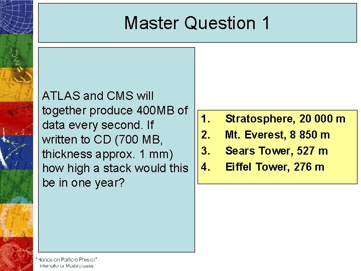 Master Question 1 ATLAS and CMS will together produce 400 MB of data every