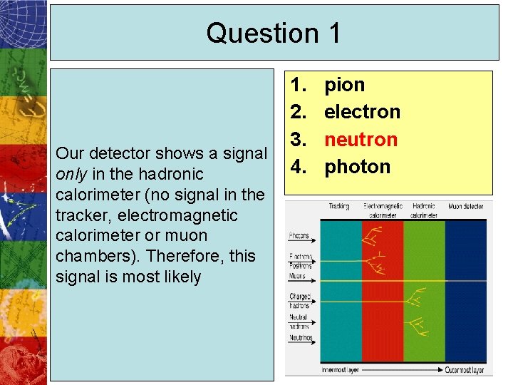 Question 1 Our detector shows a signal only in the hadronic calorimeter (no signal