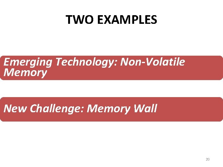TWO EXAMPLES Emerging Technology: Non-Volatile Memory New Challenge: Memory Wall 20 