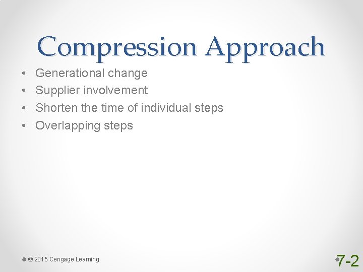 Compression Approach • • Generational change Supplier involvement Shorten the time of individual steps