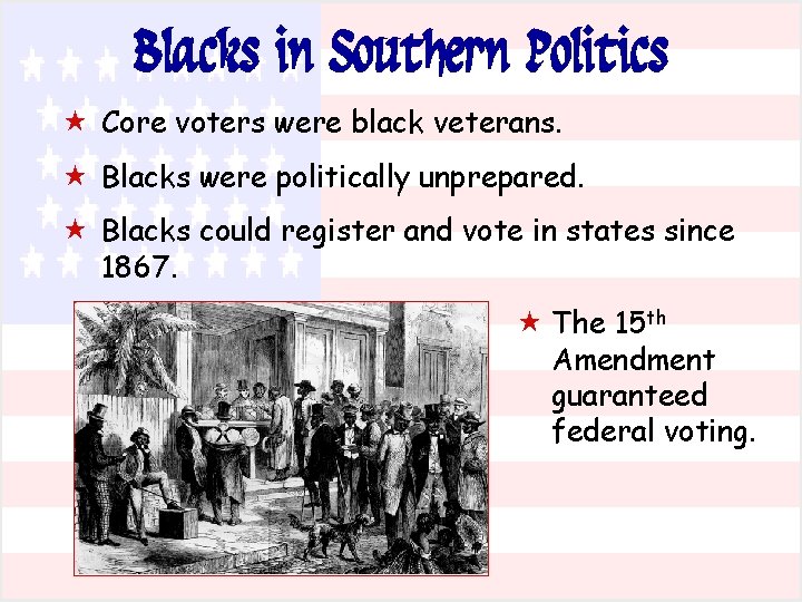 Blacks in Southern Politics « Core voters were black veterans. « Blacks were politically Blacks in Southern Politics « Core voters were black veterans. « Blacks were politically