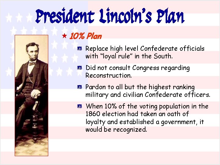 President Lincoln’s Plan « 10% Plan * Replace high level Confederate officials with “loyal President Lincoln’s Plan « 10% Plan * Replace high level Confederate officials with “loyal