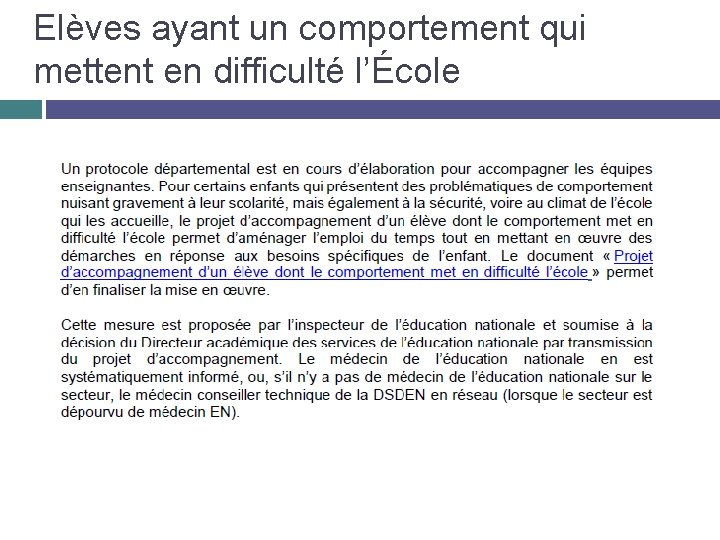 Elèves ayant un comportement qui mettent en difficulté l’École 