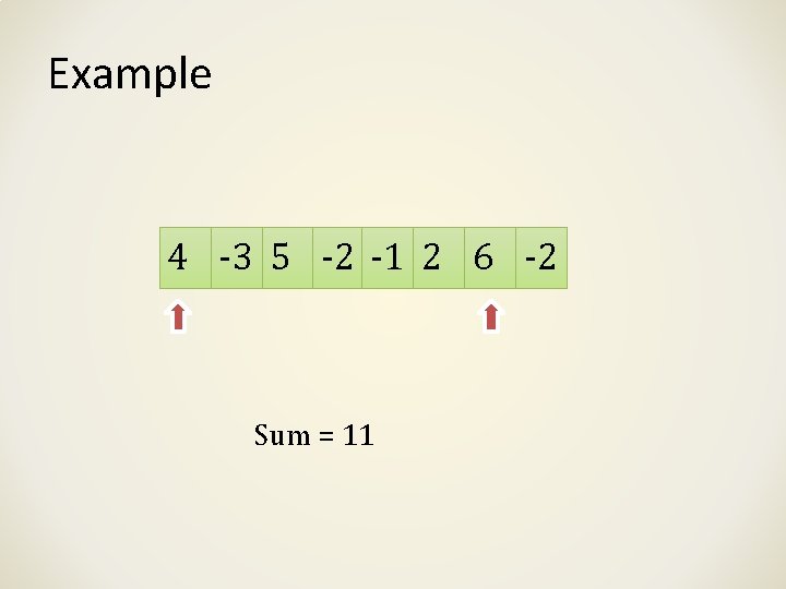 Example 4 -3 5 -2 -1 2 6 -2 Sum = 11 Example 4 -3 5 -2 -1 2 6 -2 Sum = 11