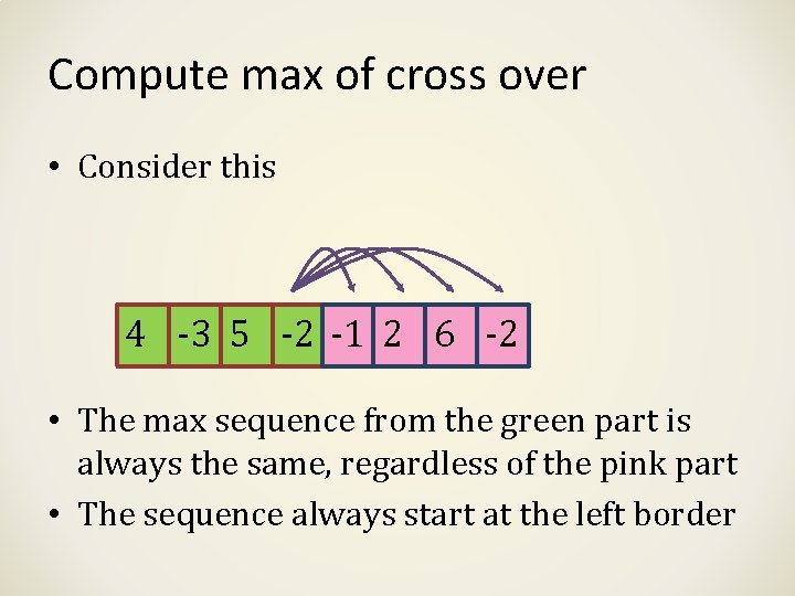 Compute max of cross over • Consider this 4 -3 5 -2 -1 2 Compute max of cross over • Consider this 4 -3 5 -2 -1 2