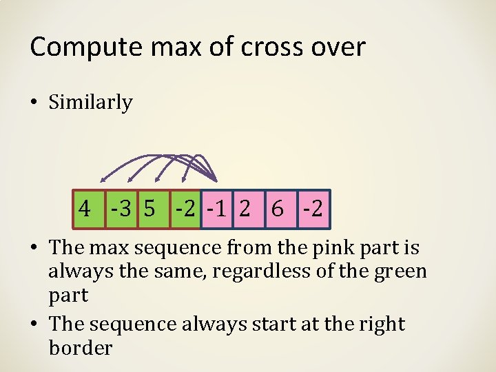 Compute max of cross over • Similarly 4 -3 5 -2 -1 2 6 Compute max of cross over • Similarly 4 -3 5 -2 -1 2 6