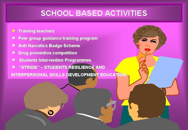 SCHOOL BASED ACTIVITIES ¬ ¬ ¬ Training teachers Peer group guidance training program Anti