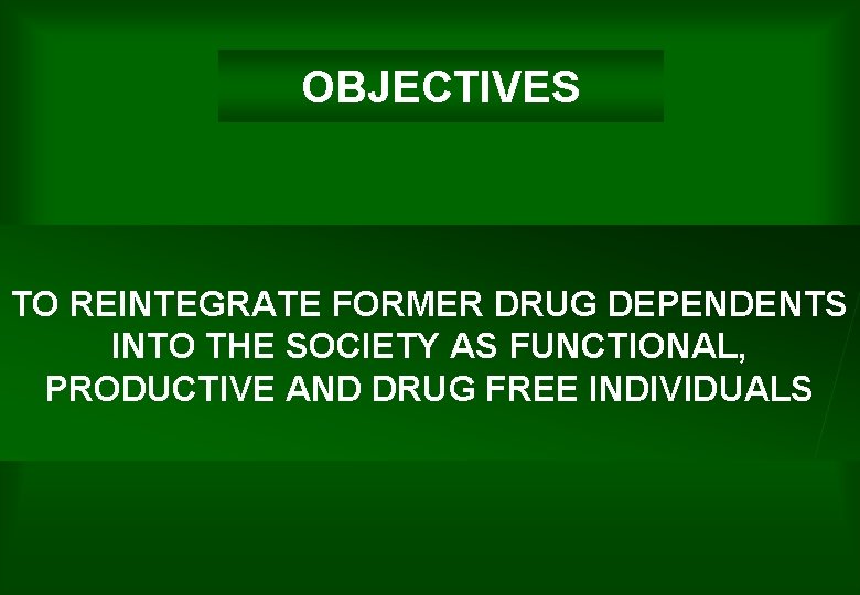 OBJECTIVES TO REINTEGRATE FORMER DRUG DEPENDENTS INTO THE SOCIETY AS FUNCTIONAL, PRODUCTIVE AND DRUG