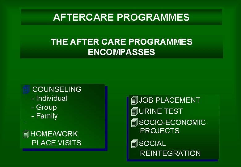 AFTERCARE PROGRAMMES THE AFTER CARE PROGRAMMES ENCOMPASSES 4 COUNSELING - Individual - Group -