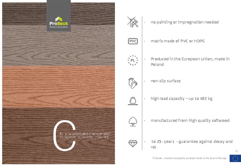 - no painting or impregnation needed - matrix made of PVC or HDPE - - no painting or impregnation needed - matrix made of PVC or HDPE -